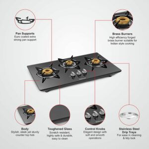 Sunflame Hob Glass Top 3 Burner Gas Stove, Manual Ignition